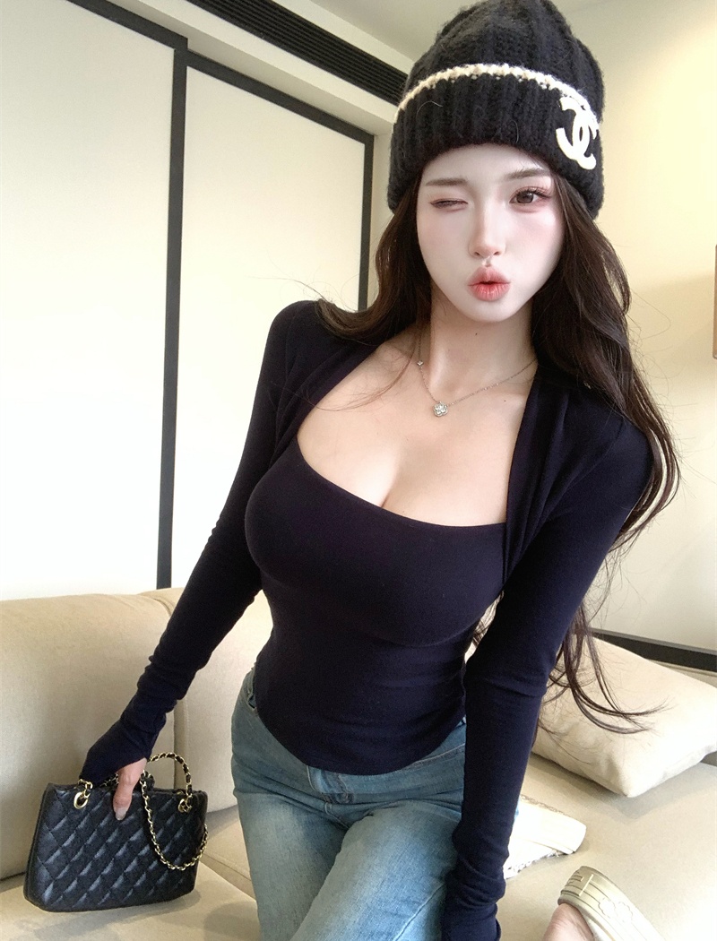 Bottoming square collar long sleeve slim Pseudo-two tops