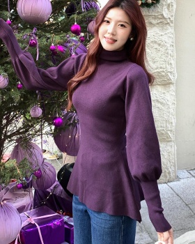 Pinched waist high collar sweater lantern sleeve bottoming shirt
