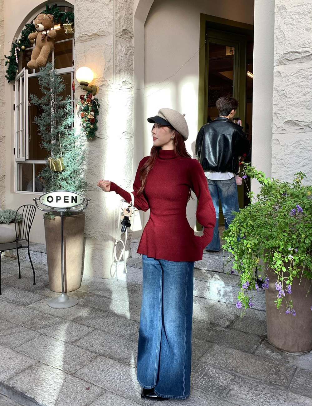 Pinched waist high collar sweater lantern sleeve bottoming shirt