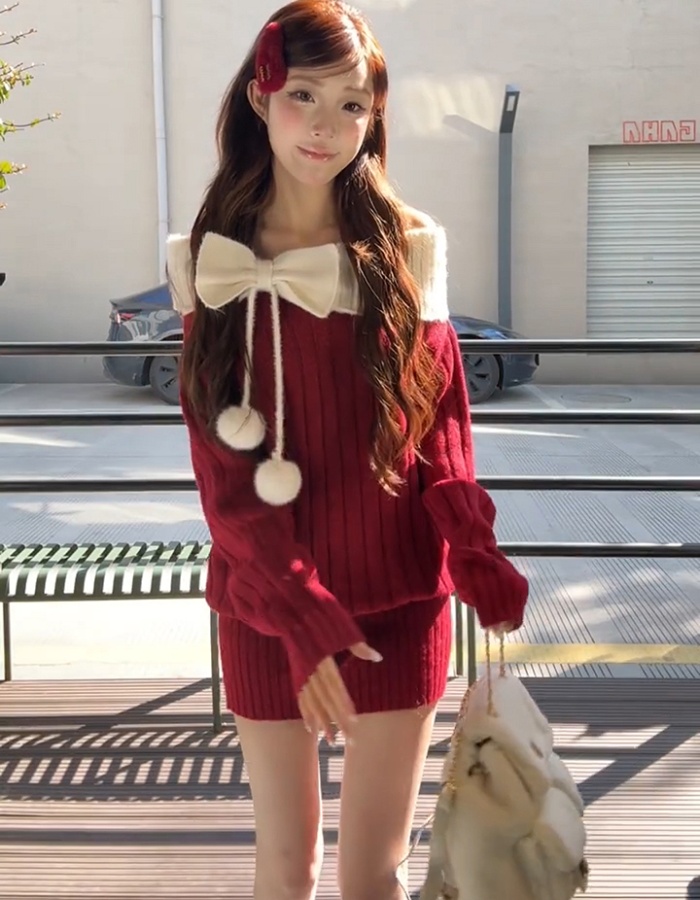 Flat shoulder winter tops strapless knitted dress for women