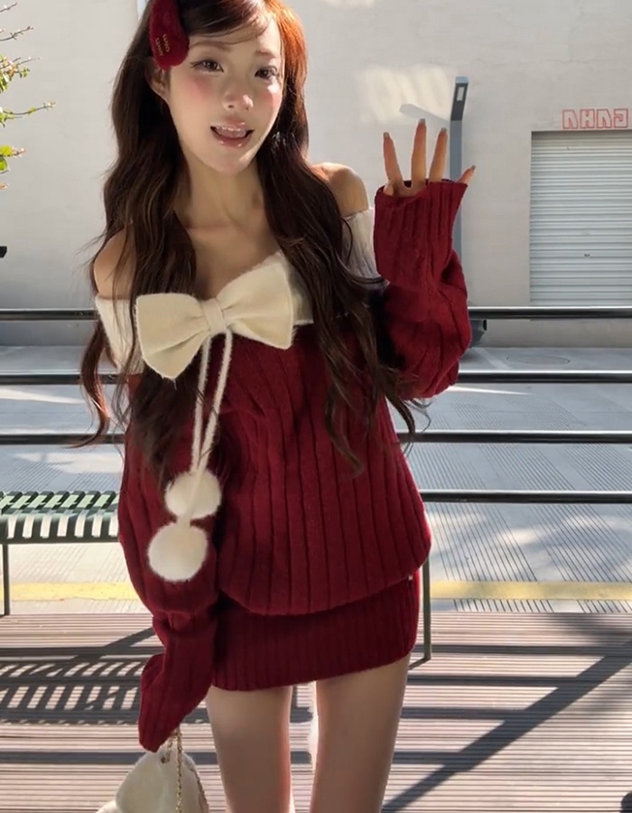 Flat shoulder winter tops strapless knitted dress for women