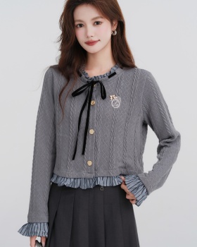 Cstand collar Pseudo-two cardigan splice knitted tops