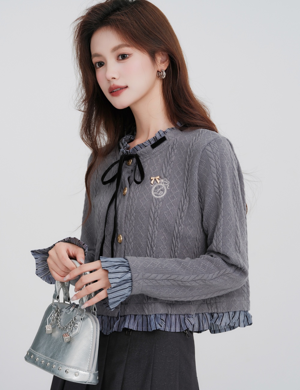 Cstand collar Pseudo-two cardigan splice knitted tops