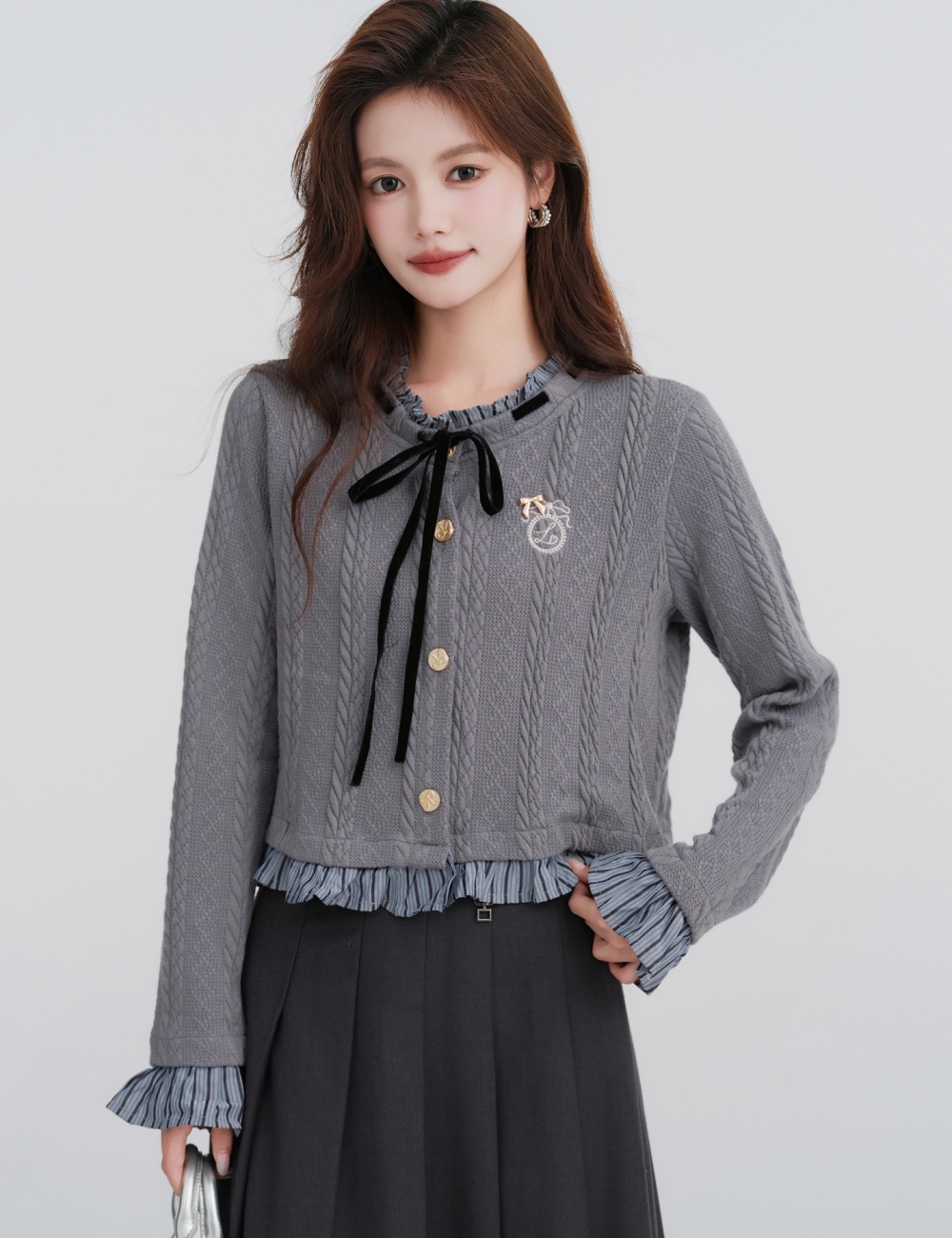 Cstand collar Pseudo-two cardigan splice knitted tops