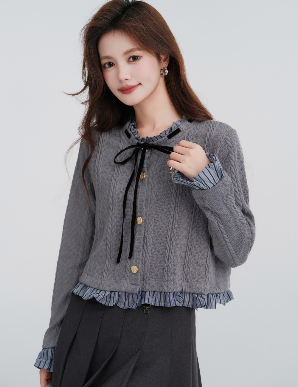 Cstand collar Pseudo-two cardigan splice knitted tops