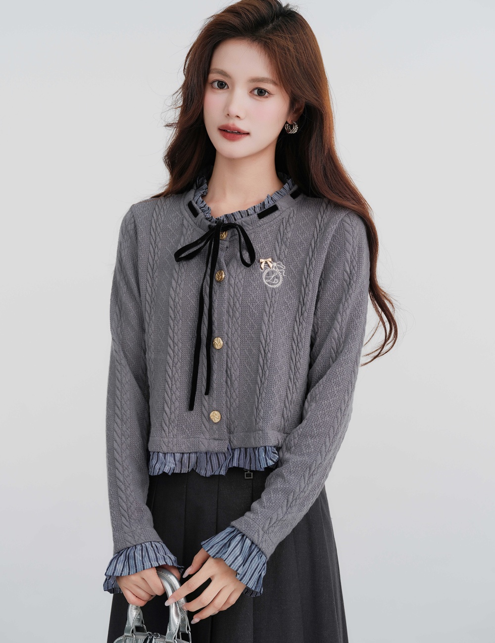 Cstand collar Pseudo-two cardigan splice knitted tops