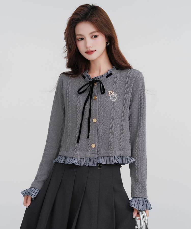 Cstand collar Pseudo-two cardigan splice knitted tops