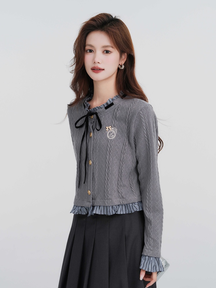 Cstand collar Pseudo-two cardigan splice knitted tops