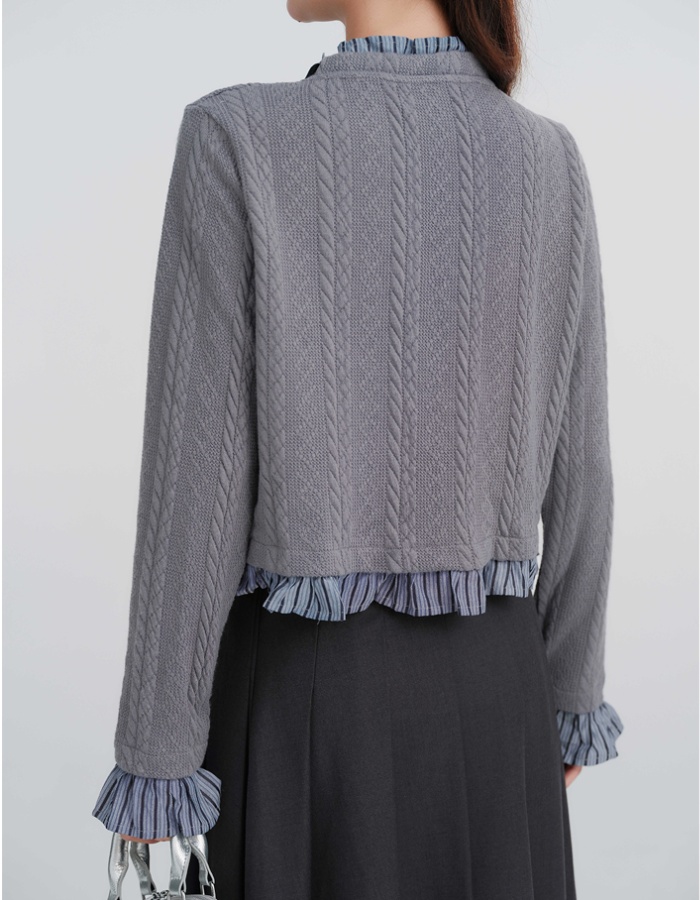 Cstand collar Pseudo-two cardigan splice knitted tops
