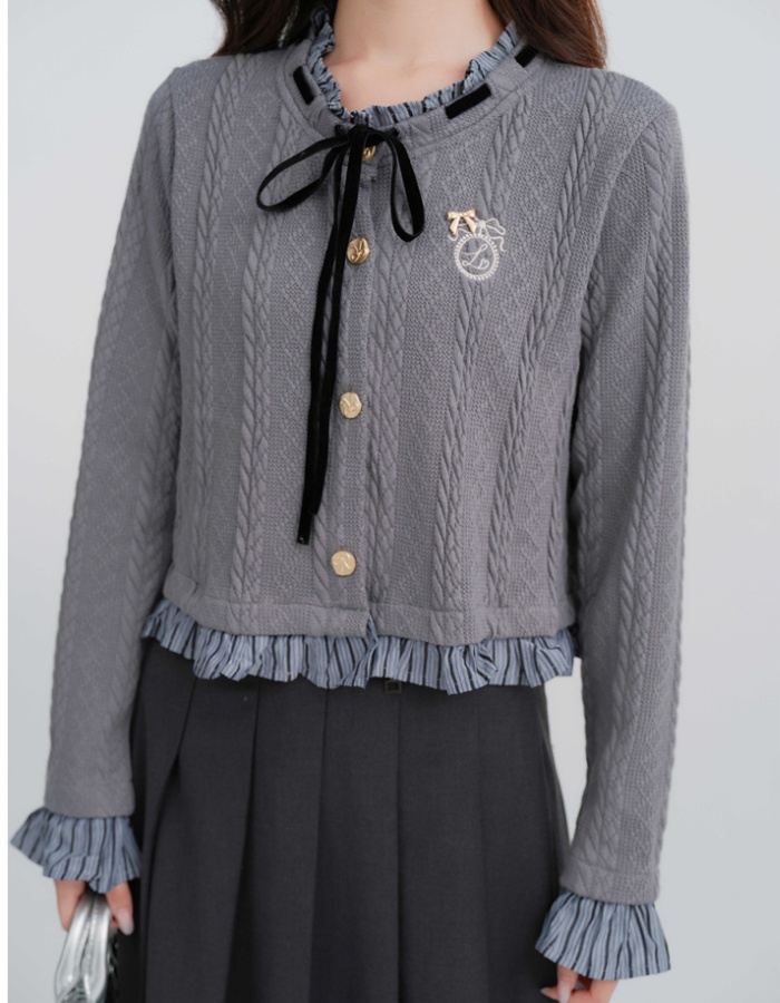 Cstand collar Pseudo-two cardigan splice knitted tops