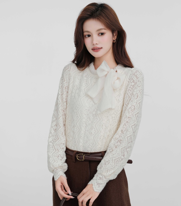Autumn and winter round neck bow shirt apricot loose tops