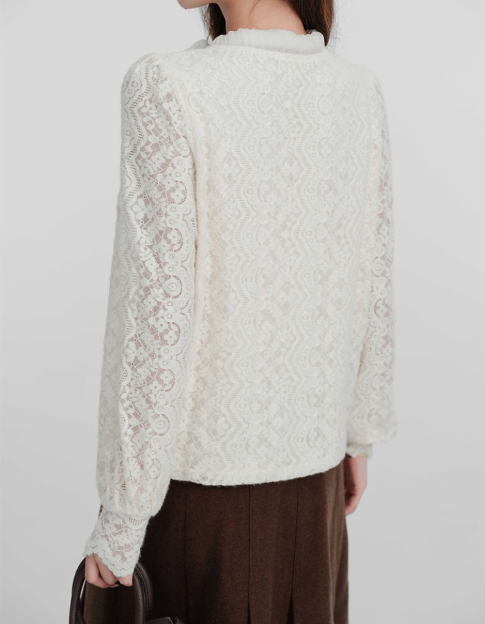 Autumn and winter round neck bow shirt apricot loose tops