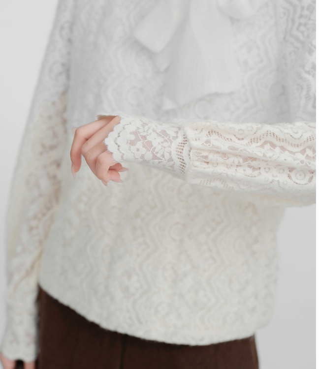 Autumn and winter round neck bow shirt apricot loose tops