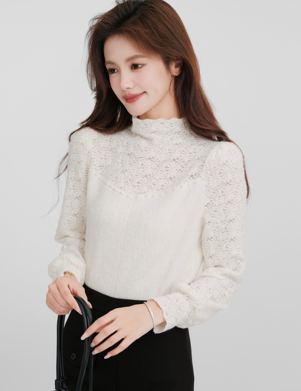 White pearl bottoming shirt thick tops for women