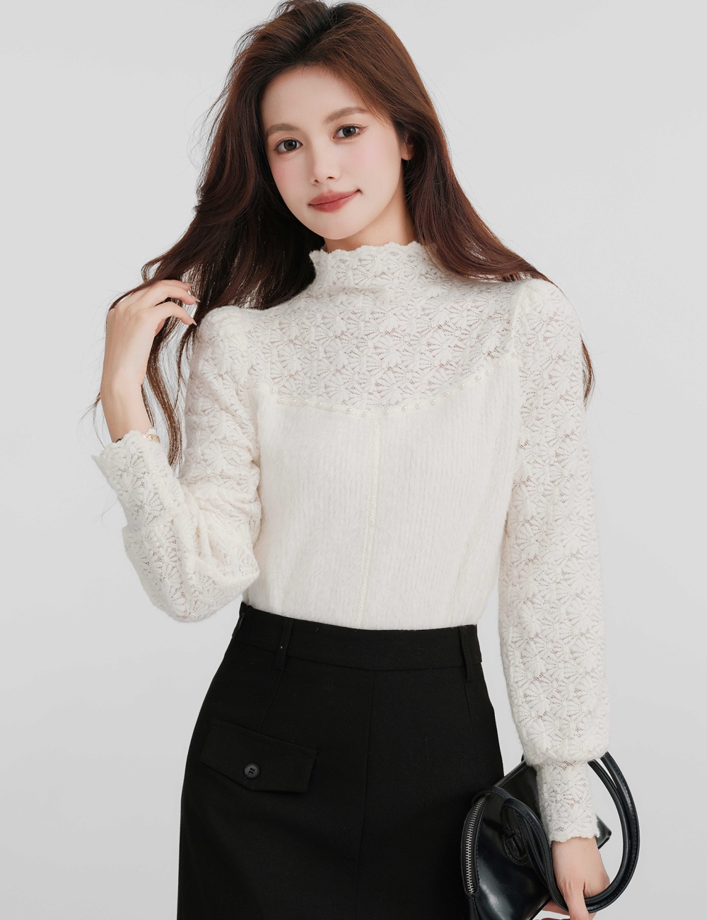 White pearl bottoming shirt thick tops for women