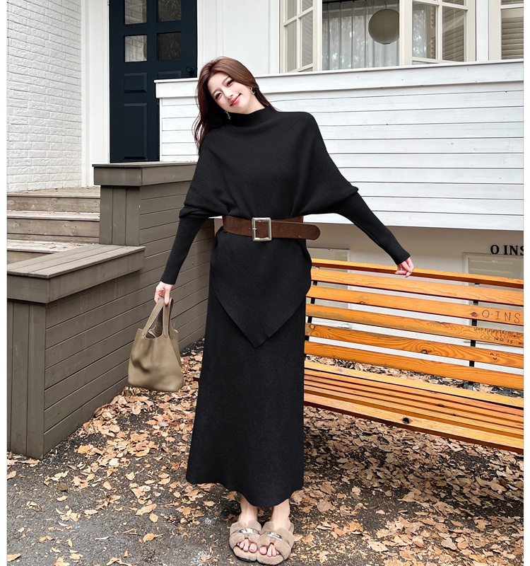 High waist bat sleeve tops autumn and winter skirt 2pcs set