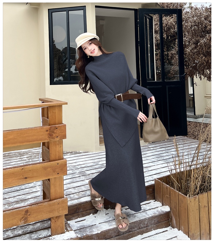 High waist bat sleeve tops autumn and winter skirt 2pcs set