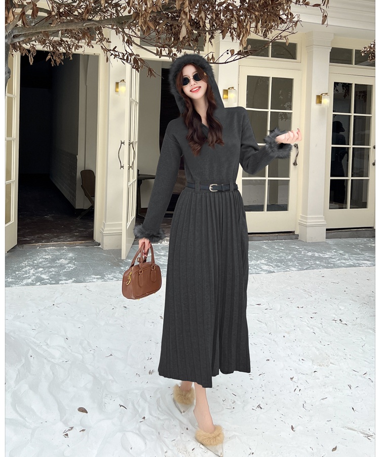 Hooded slim dress temperament long dress for women