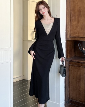Chouzhe splice V-neck long sleeve mermaid package hip dress