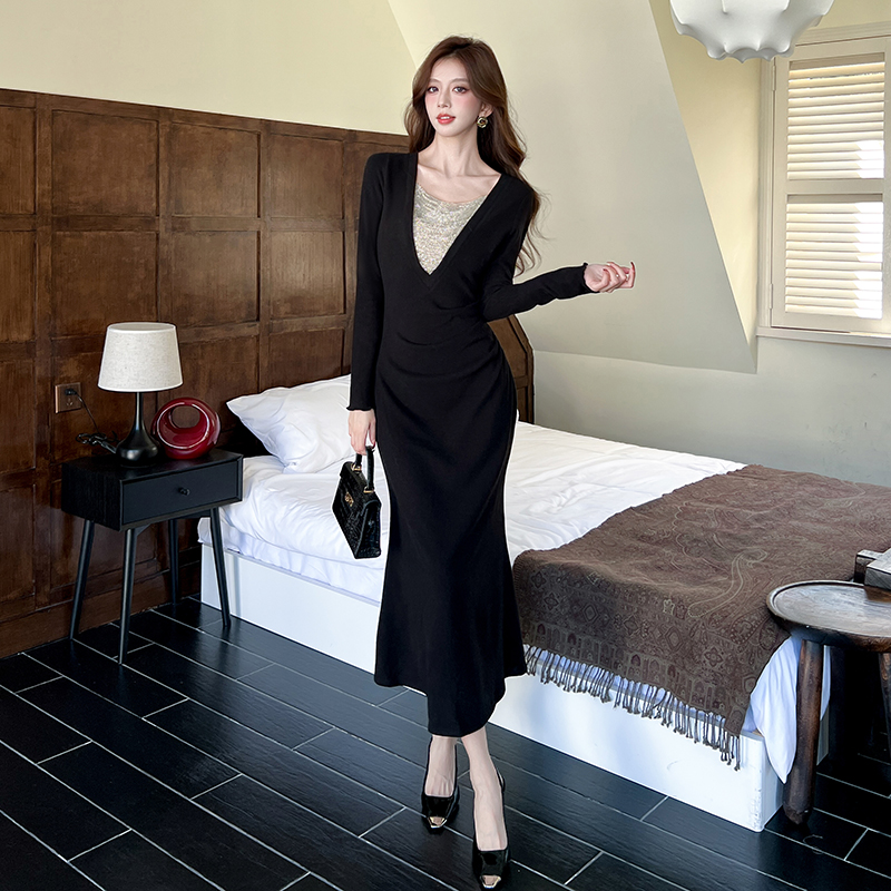 Chouzhe splice V-neck long sleeve mermaid package hip dress