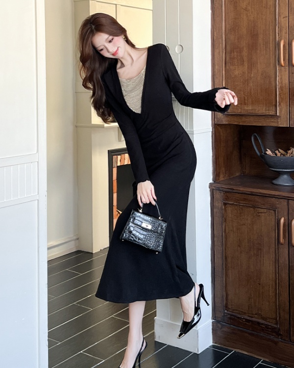 Chouzhe splice V-neck long sleeve mermaid package hip dress
