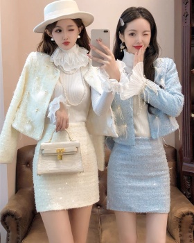 Sequins pearl skirt long sleeve rhinestone coat for women