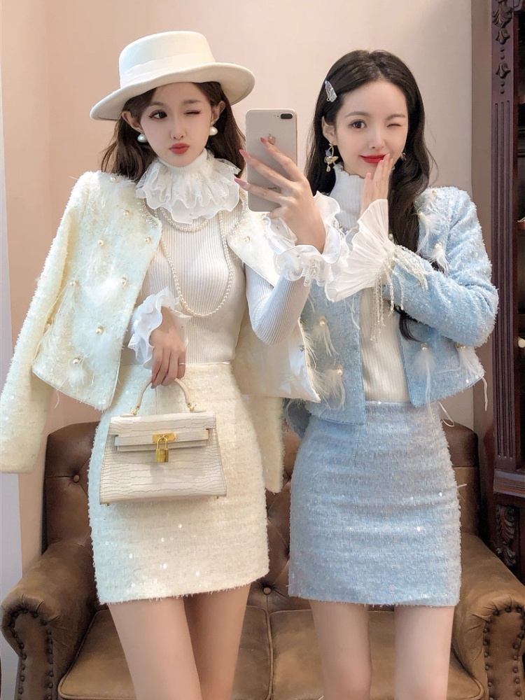 Sequins pearl skirt long sleeve rhinestone coat for women