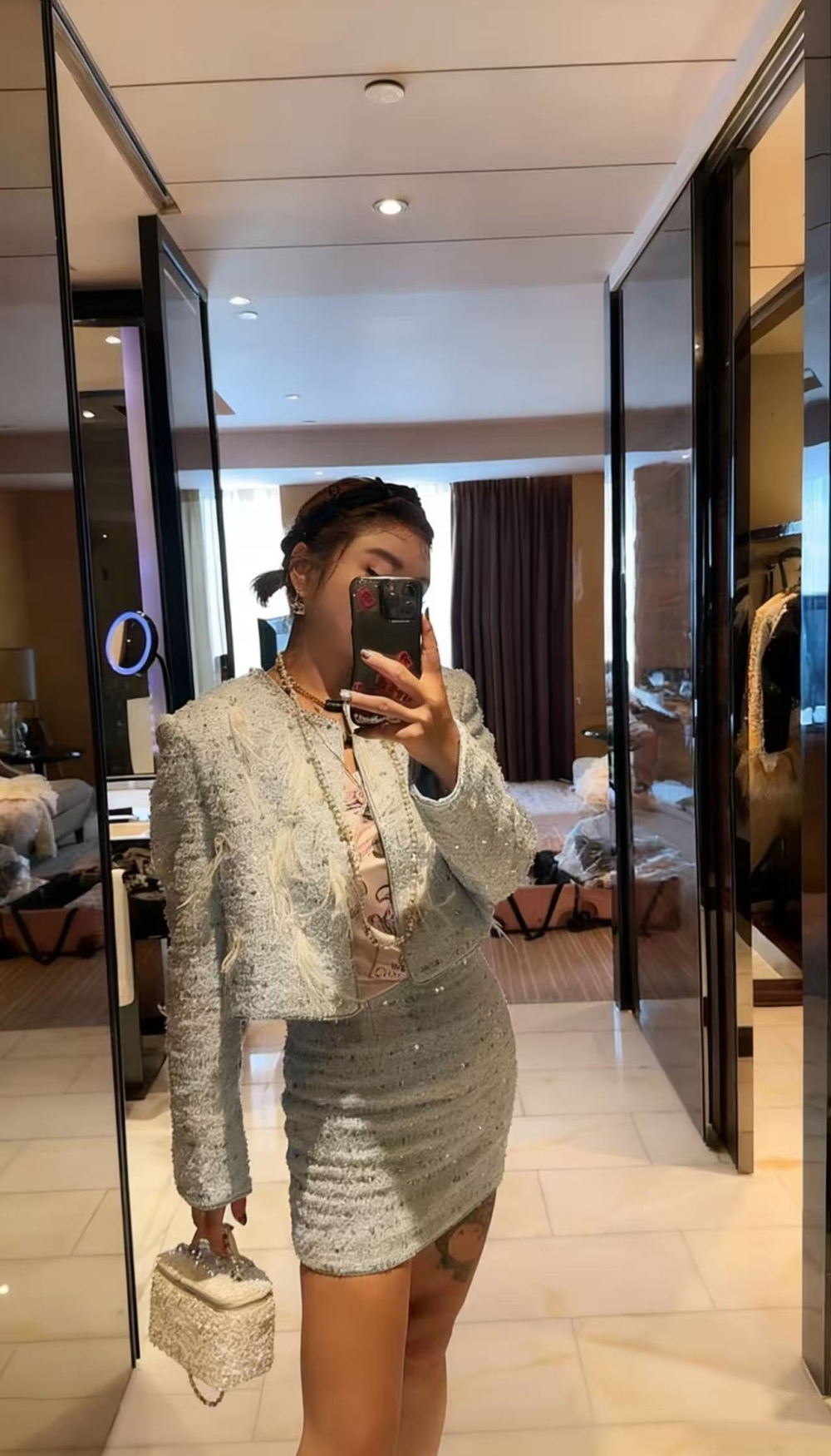 Sequins pearl skirt long sleeve rhinestone coat for women