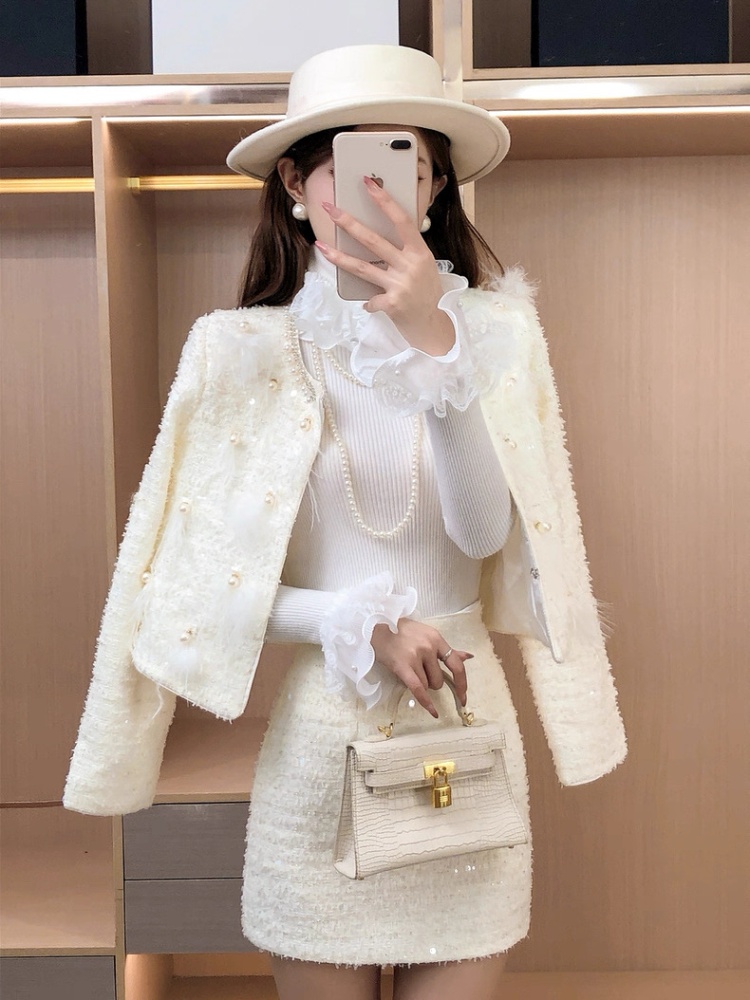 Sequins pearl skirt long sleeve rhinestone coat for women