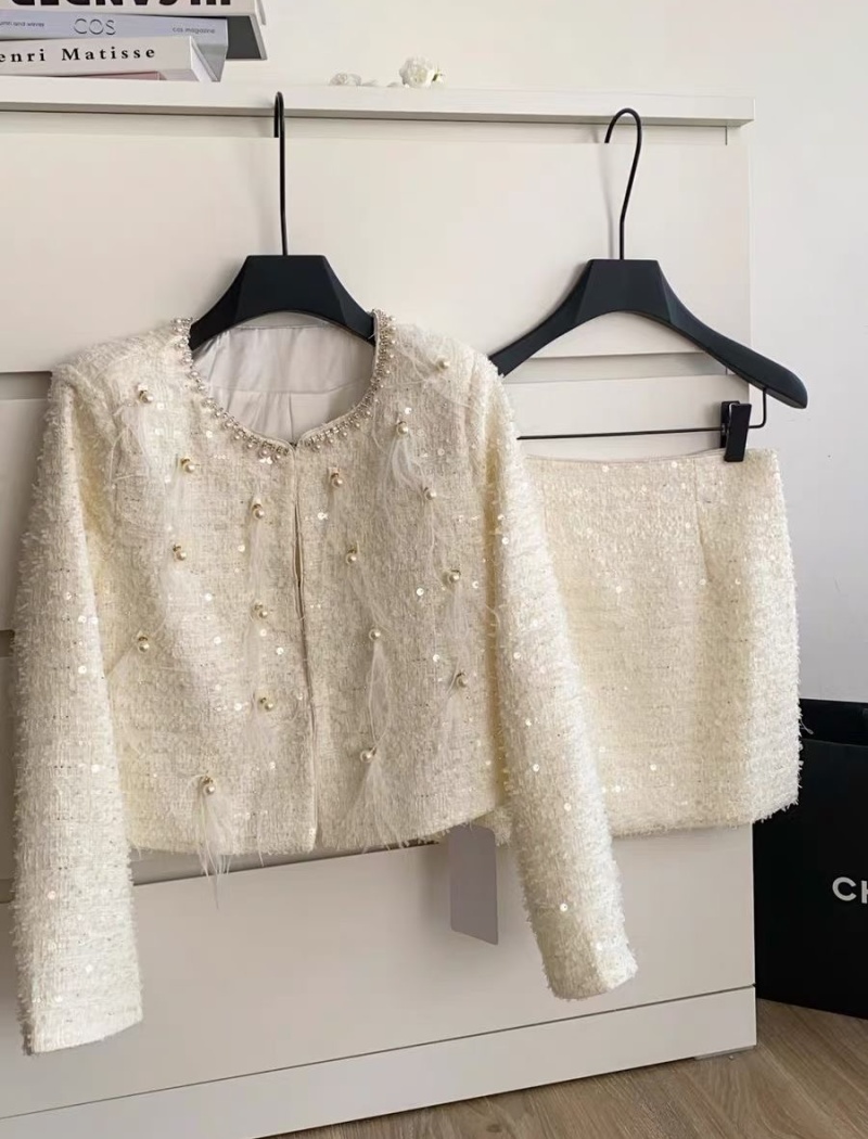 Sequins pearl skirt long sleeve rhinestone coat for women