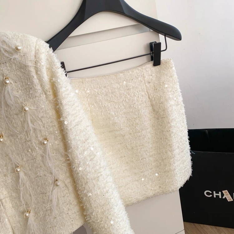 Sequins pearl skirt long sleeve rhinestone coat for women