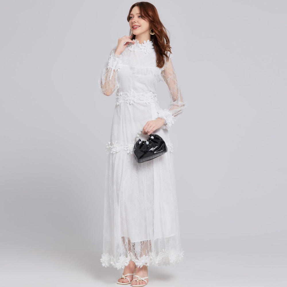Big skirt flowers elegant embroidery long lace dress