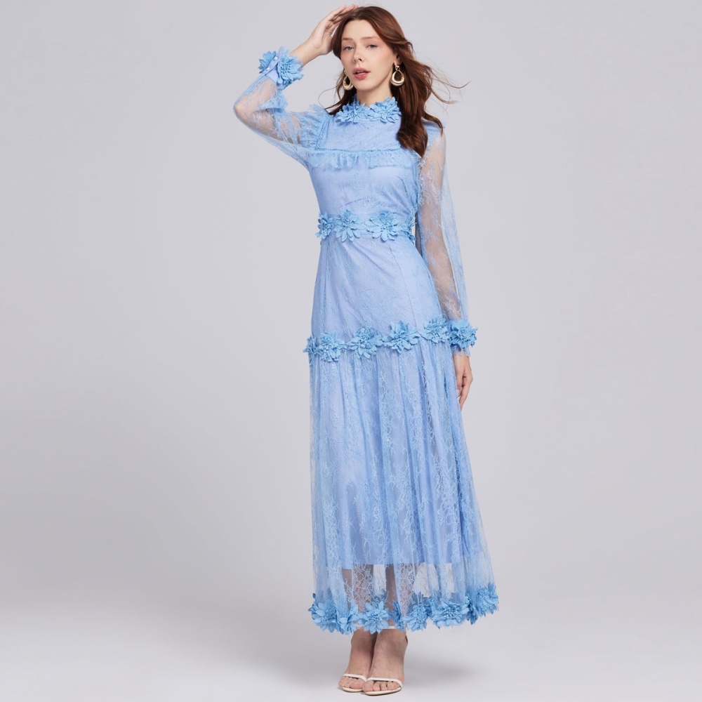 Big skirt flowers elegant embroidery long lace dress
