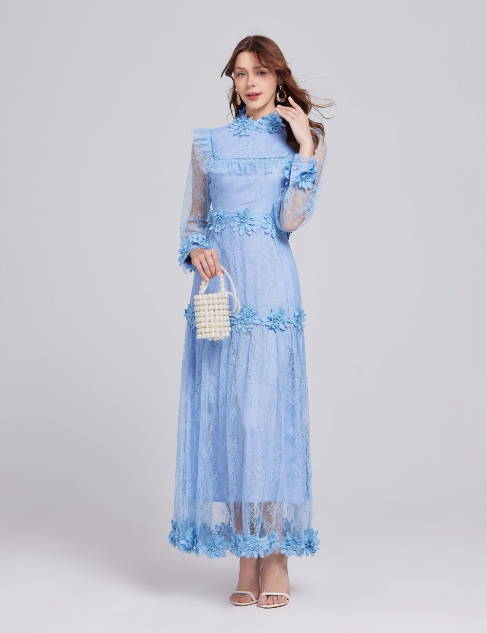 Big skirt flowers elegant embroidery long lace dress