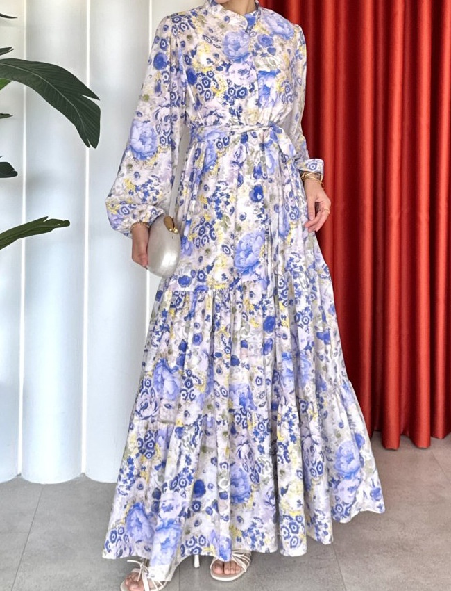 Buckle European style A-line long sleeve dress for women