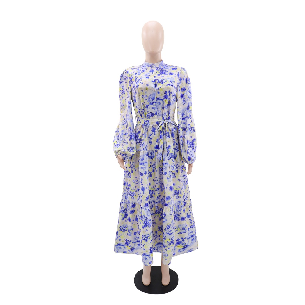 Buckle European style A-line long sleeve dress for women