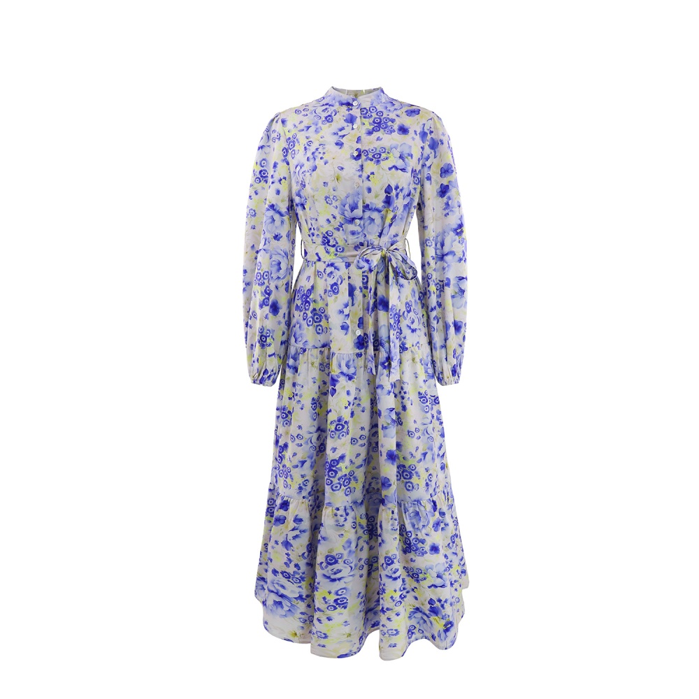 Buckle European style A-line long sleeve dress for women