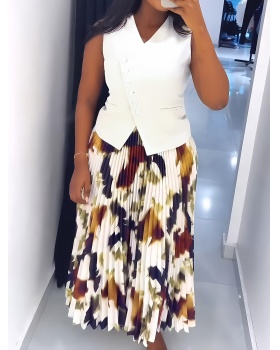 Pleated Casual waistcoat elegant vacation skirt 2pcs set