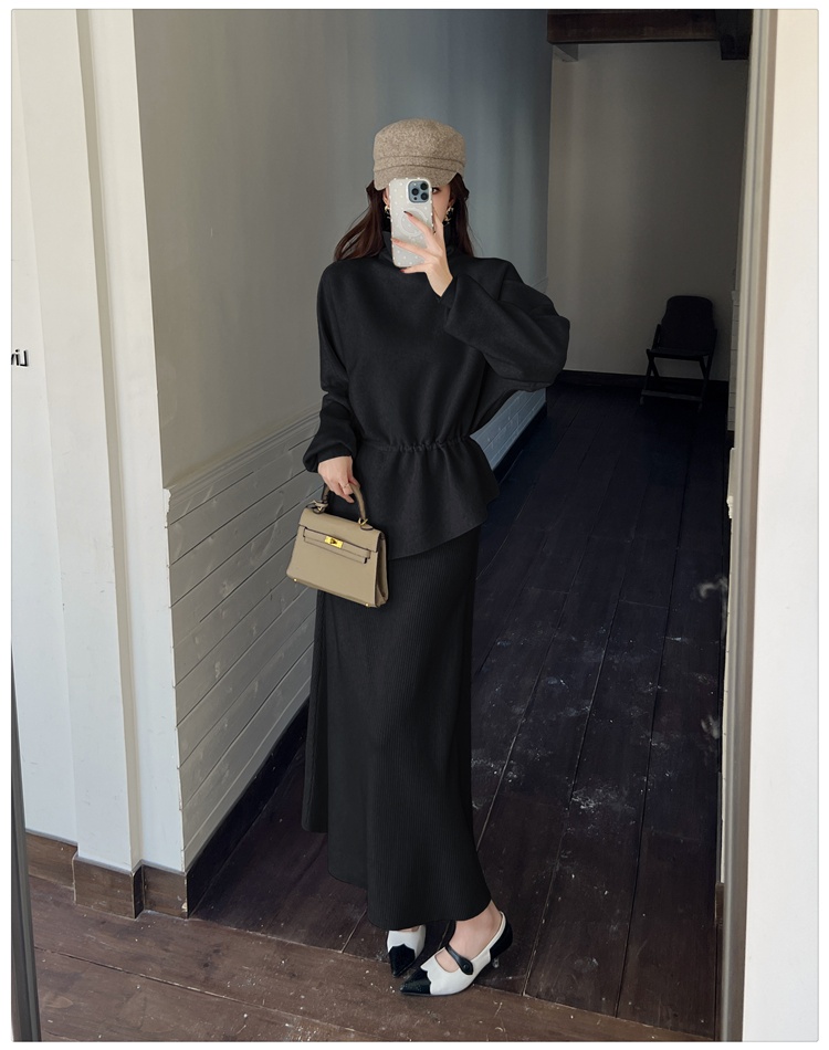 Knitted autumn and winter tops high collar skirt a set