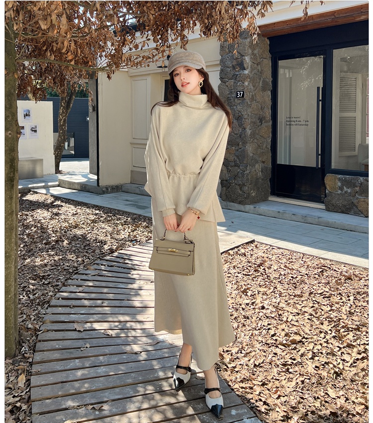 Knitted autumn and winter tops high collar skirt a set