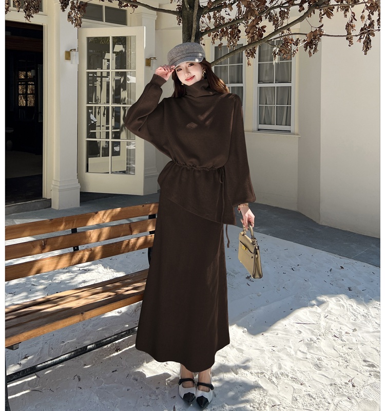 Knitted autumn and winter tops high collar skirt a set