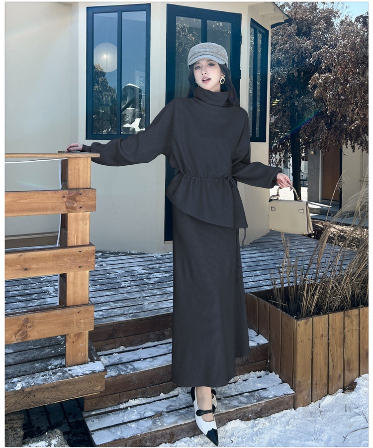 Knitted autumn and winter tops high collar skirt a set