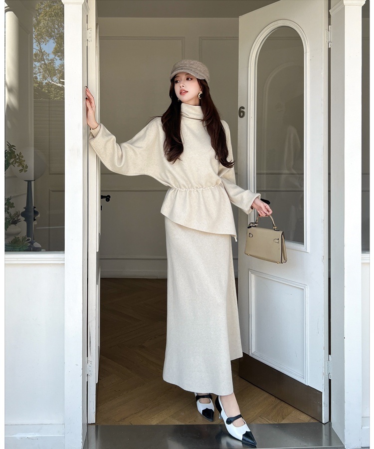 Knitted autumn and winter tops high collar skirt a set