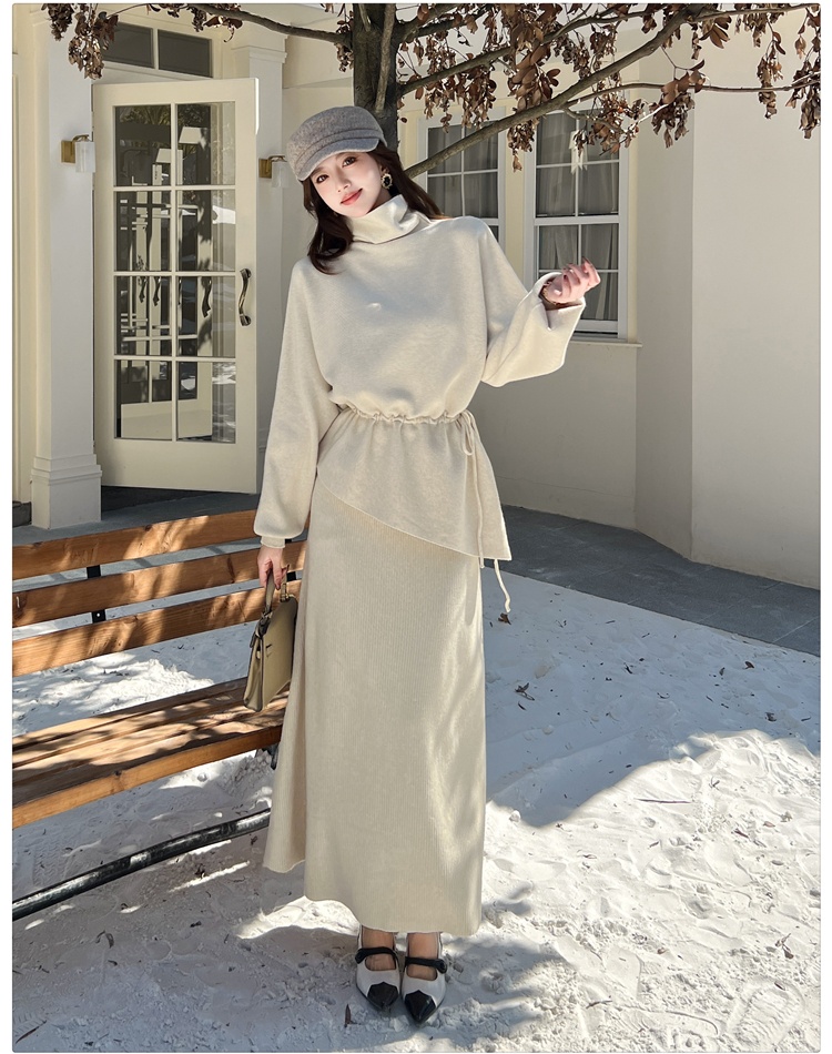 Knitted autumn and winter tops high collar skirt a set