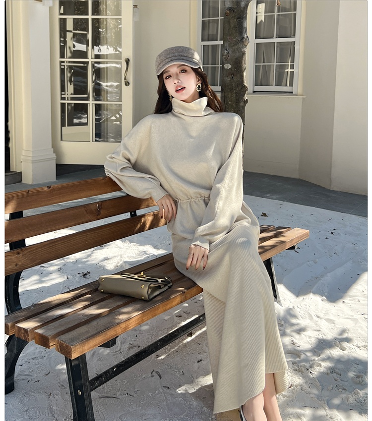 Knitted autumn and winter tops high collar skirt a set