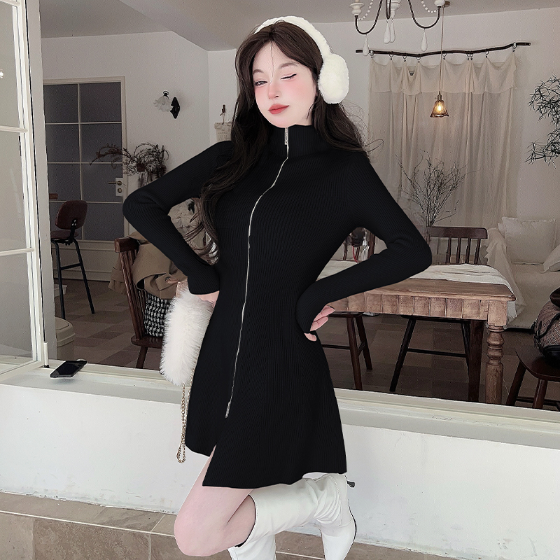 Winter enticement cardigan knitted half high collar dress for women