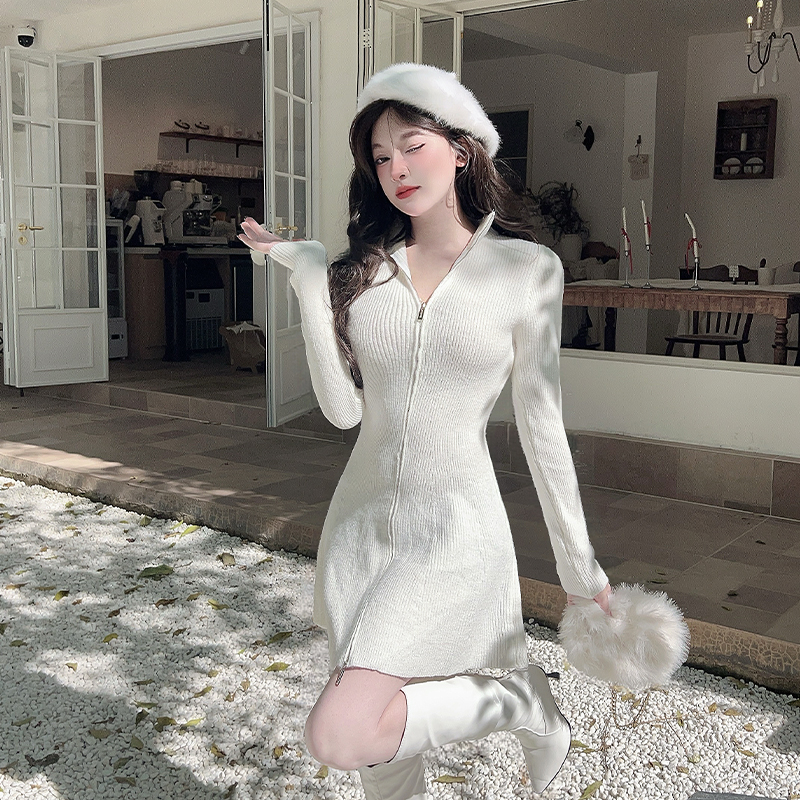 Winter enticement cardigan knitted half high collar dress for women