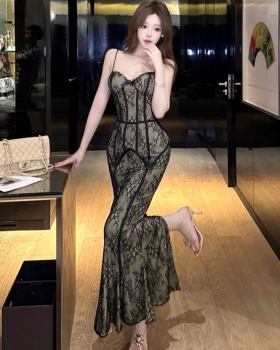 Halter splice temperament long sexy lace gauze dress