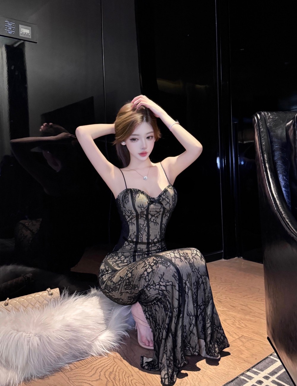 Halter splice temperament long sexy lace gauze dress