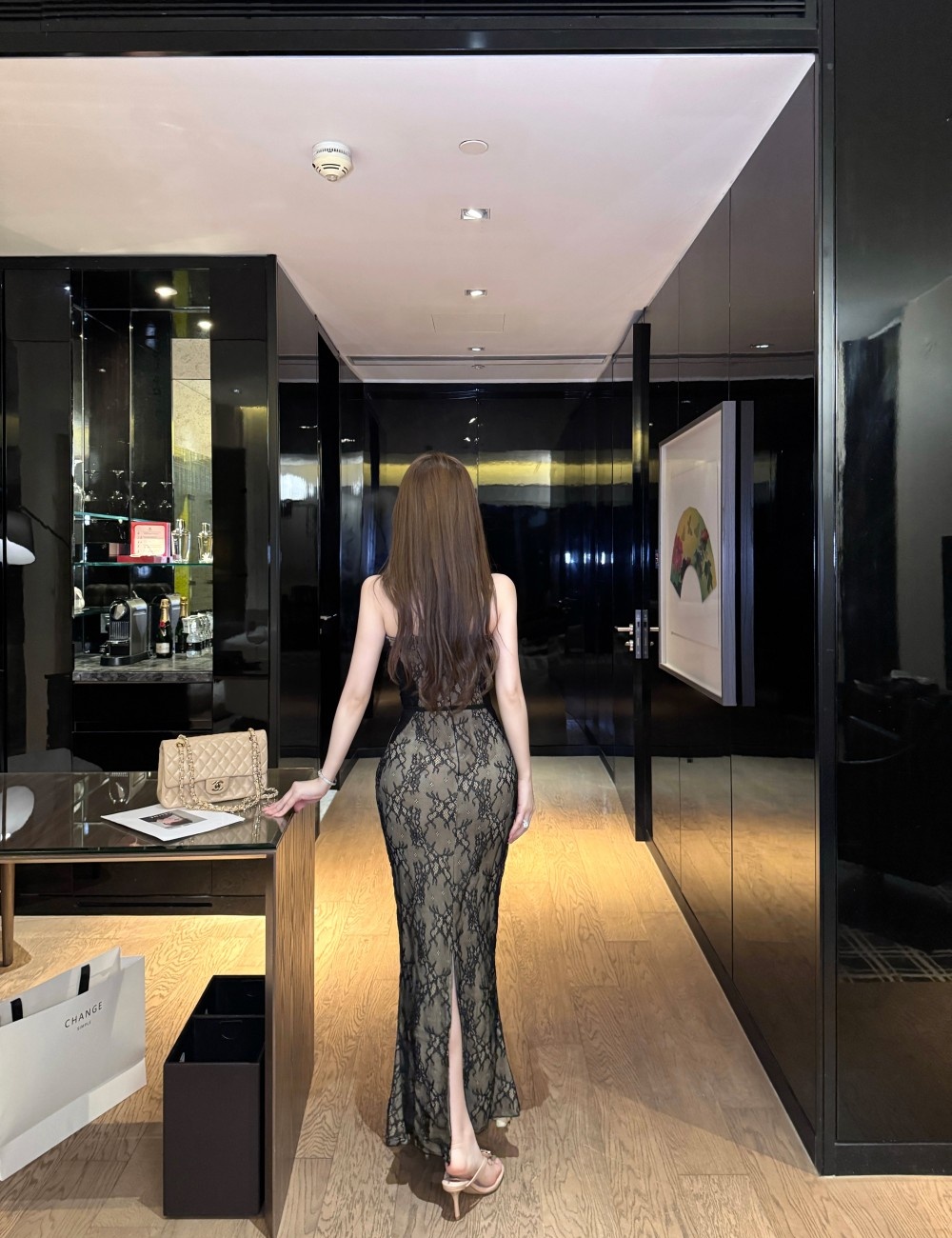 Halter splice temperament long sexy lace gauze dress